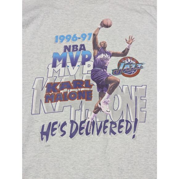 Vintage Single Stitch Karl Malone Utah Jazz Tee Shirt MVP 1996 1997 Sportswear - Picture 3 of 6